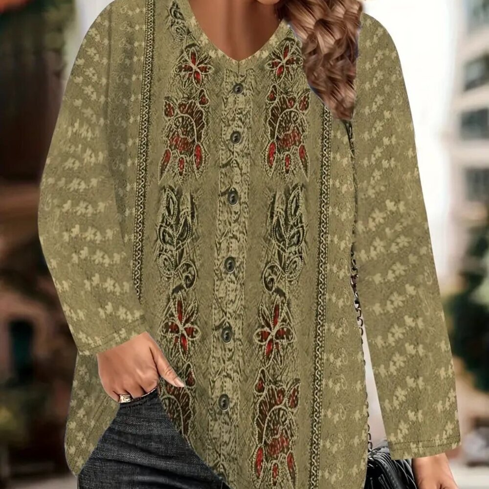 NEW Boho Style Plant Print T-Shirt Top, Sizes 3x ,4x, 5x